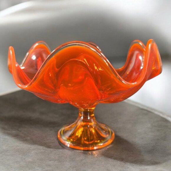 MCM Viking Glass Epic Line Footed Compote Dish Bowl Six Pedal Persimmon Glass - Picture 1 of 16